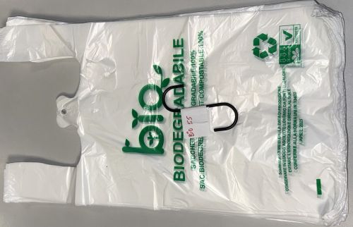 500 Stück Hemdchentragetaschen biodegradabile HDPE 30+18x55cm 14,9my weiß Bio550