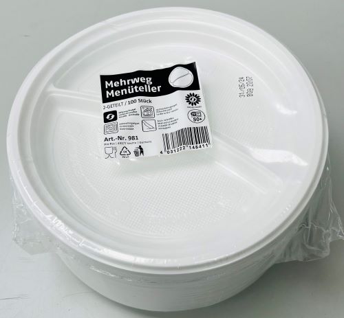Plastikteller 2-geteilt Weiß Rund Mehrweg Menüteller Party Teller 1531_MW