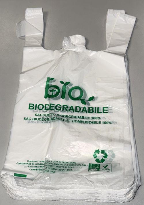500 Stück Hemdchentragetaschen biodegradabile HDPE 25+12x45cm 13my weiß Bio450
